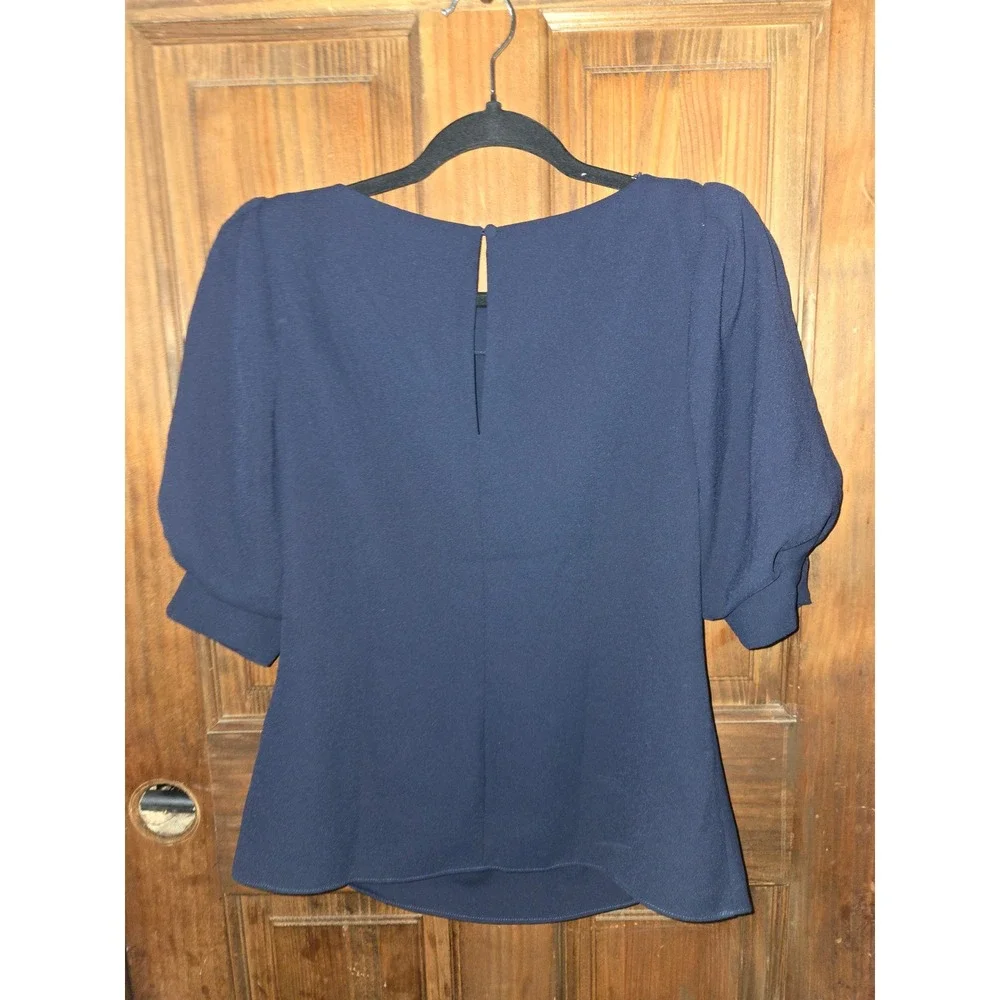 Boden Navy Blue Puff Sleeve Crepe Blouse Round Neck Keyhole Back US 2 UK 6